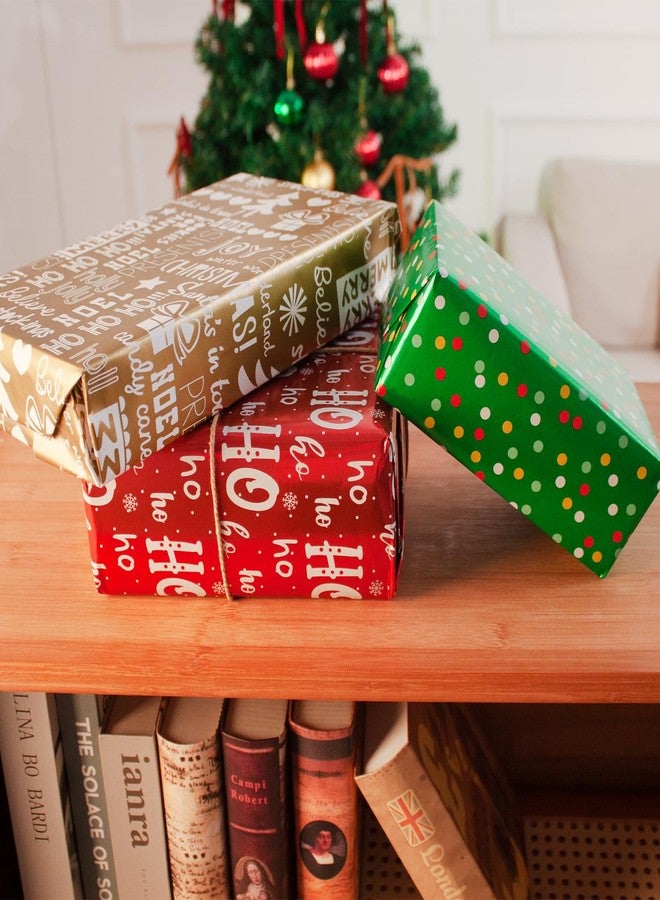 Oeyliz Christmas Wrapping Paper Red Green Gold Christmas Gift Small Wrapping Papers Christma Tree Snowflakes Small Dot Design 17 x 120 Inch Mini 3 Rolls Red Green Gold Gift Wrap Paper Xmas Gift Decor - Image 5